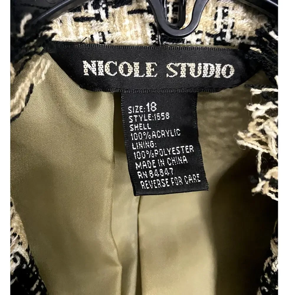 Nicole Studio Blazer Womens‎ 18 Cream/Black Plaid Tweed Fringe Boho Party